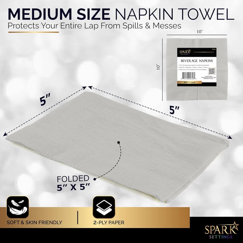 Amcrate 100 Pack Silver Beverage Napkins, Big Party Pack, 2 Ply, Ideal for Wedding, Party, Birthday, Dinner, Lunch, Cocktails. (5” x 5”) by - Image 3